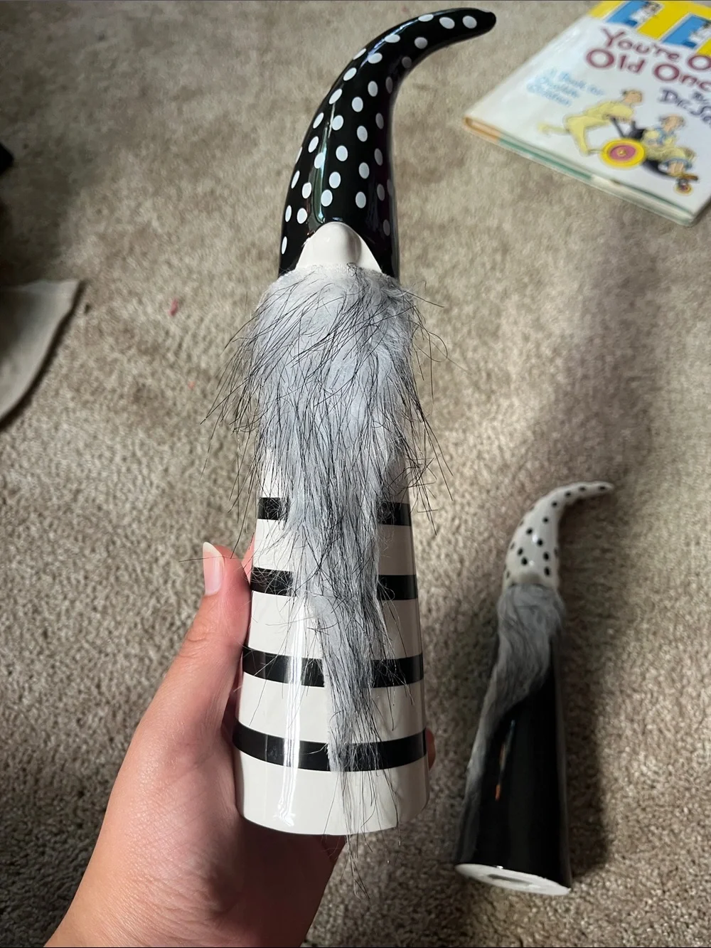 Black & White Striped and Polka Dot Gnome Figurine Duo - Imperfection/crack